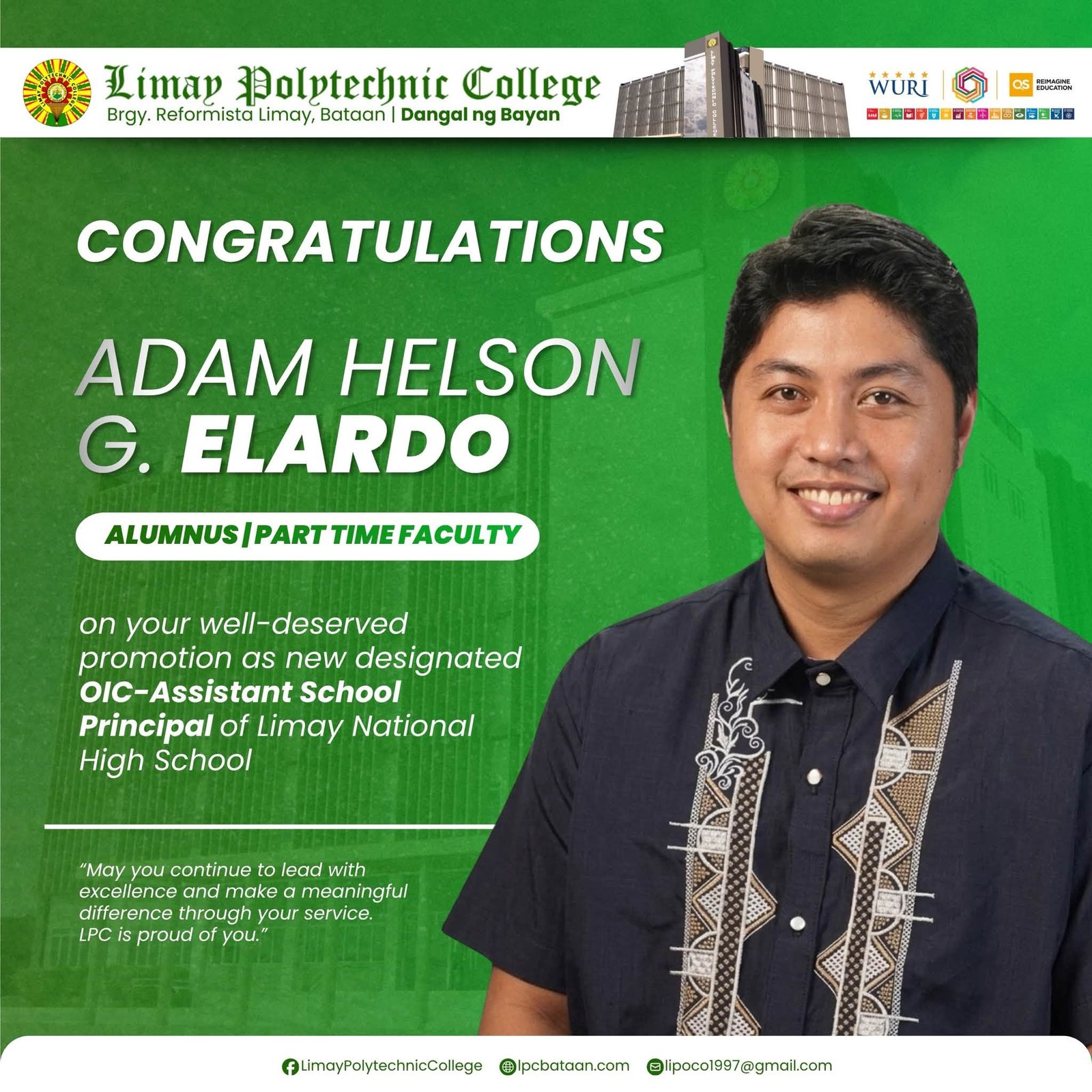 𝗖𝗢𝗠𝗠𝗘𝗡𝗗𝗔𝗧𝗜𝗢𝗡 | Limay Polytechnic College (LPC) proudly congratulates Mr. Adam Helson Elardo and Ms. Meriesol Camacho...