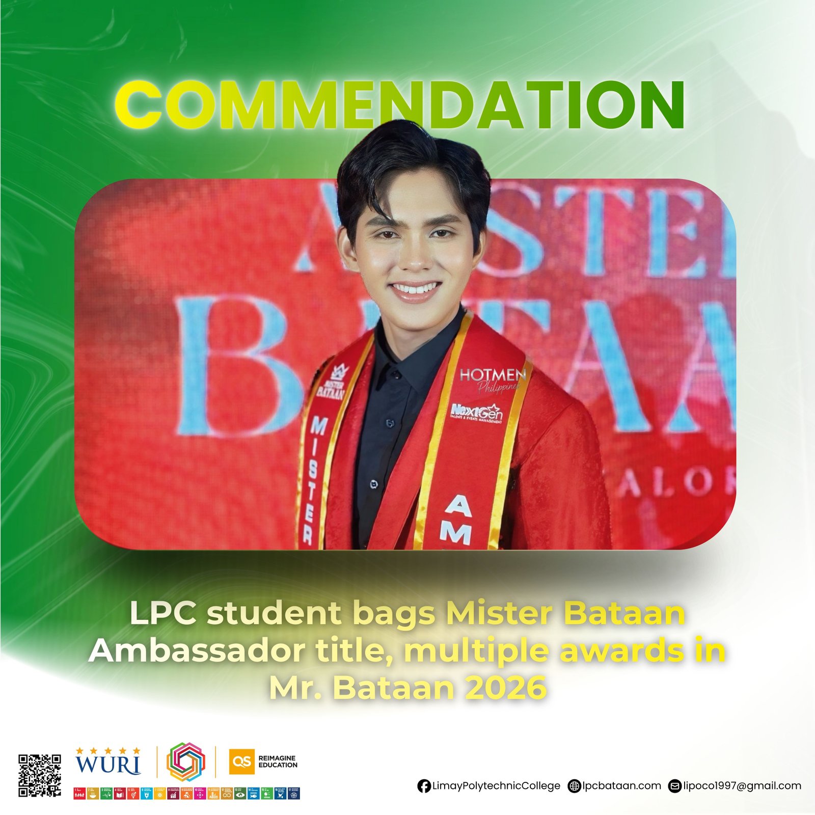 𝗖𝗢𝗠𝗠𝗘𝗡𝗗𝗔𝗧𝗜𝗢𝗡 | LPC student bags Ambassador title, multiple awards in Mr. Bataan 2026