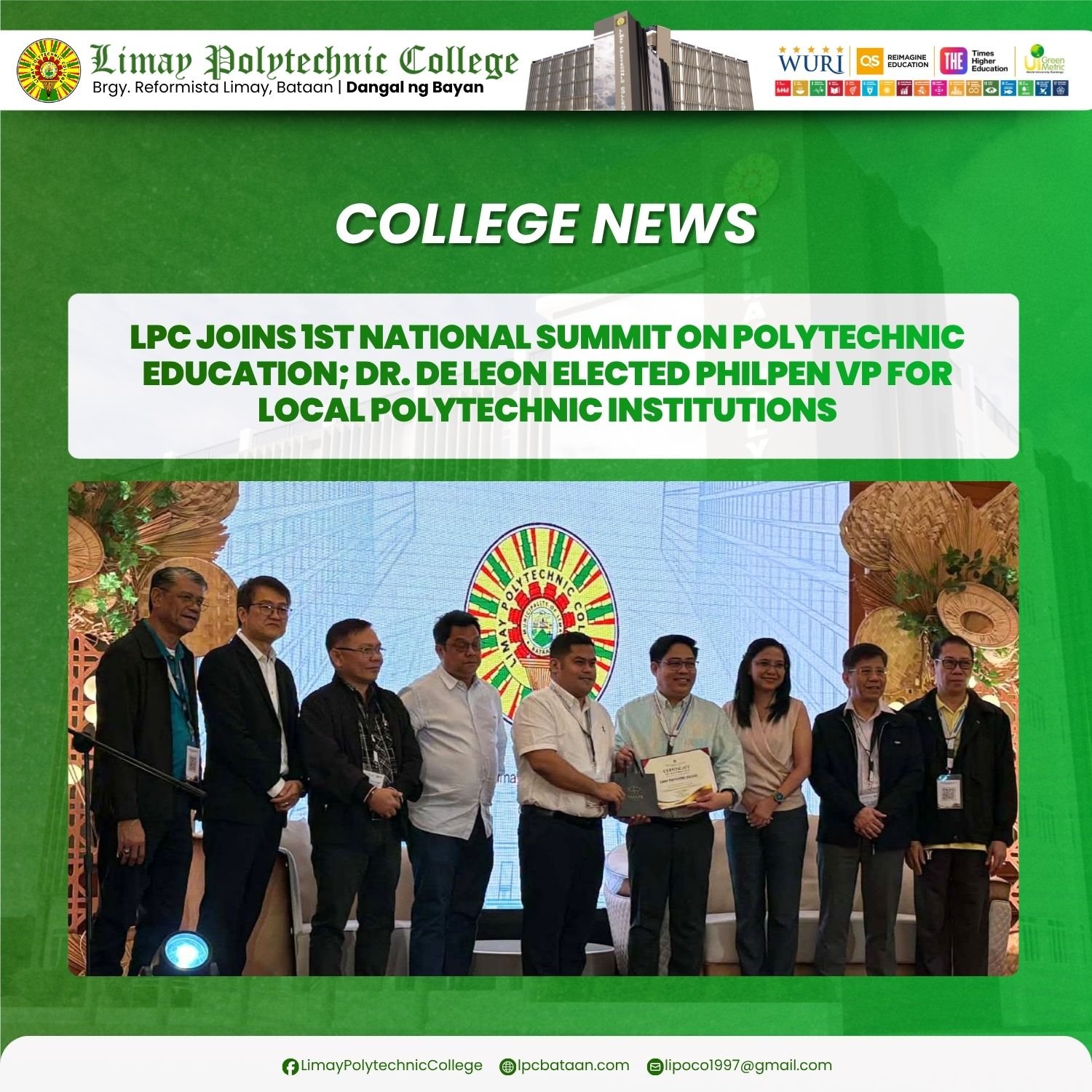 𝗖𝗢𝗟𝗟𝗘𝗚𝗘 𝗡𝗘𝗪𝗦 | LPC joins 1st National Summit on Polytechnic Education; Dr. De Leon elected PhilPEN VP for Local Polytechnic Institutions