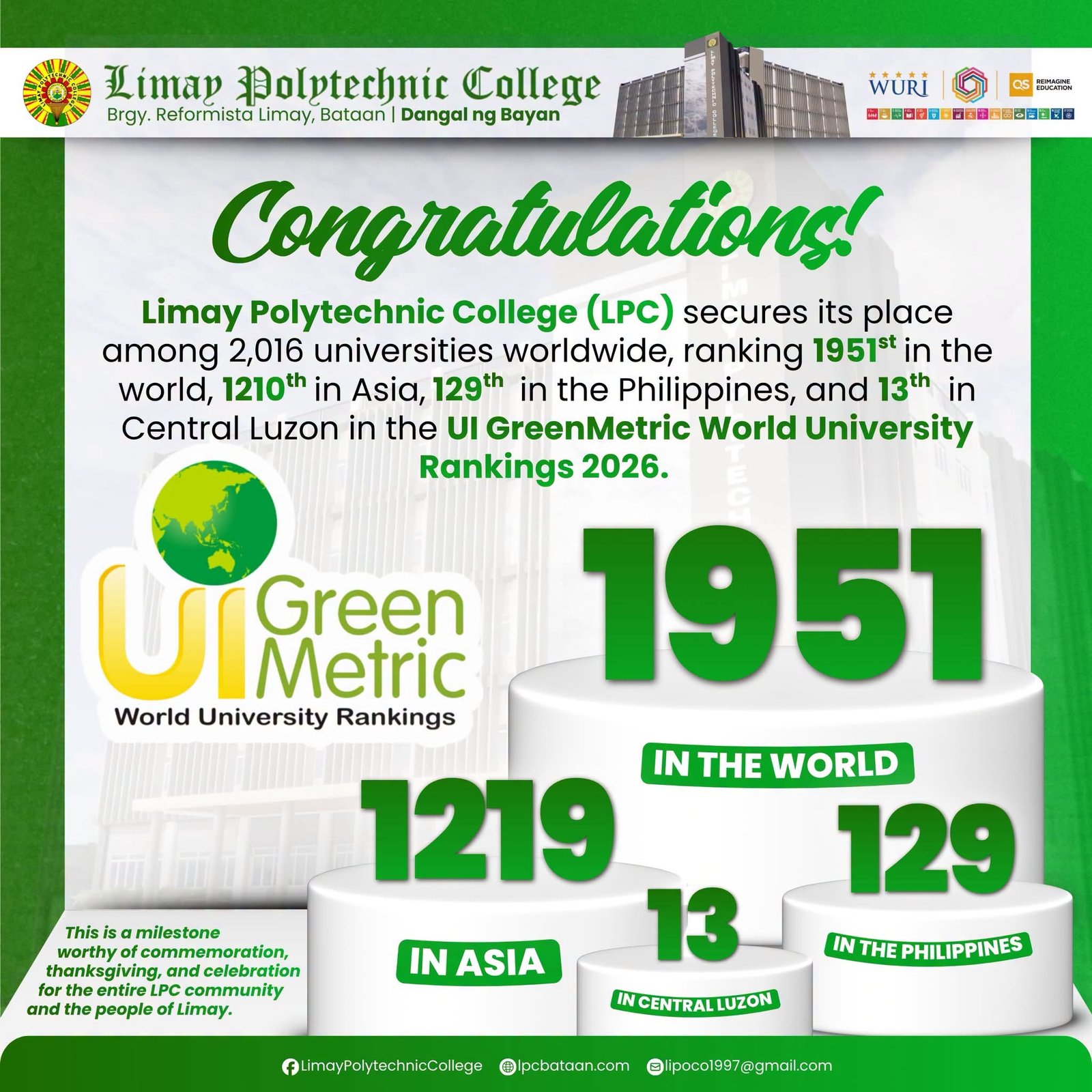 𝗖𝗢𝗟𝗟𝗘𝗚𝗘 𝗡𝗘𝗪𝗦 | LPC earns Global Spot in UI GreenMetric World University Rankings 2026