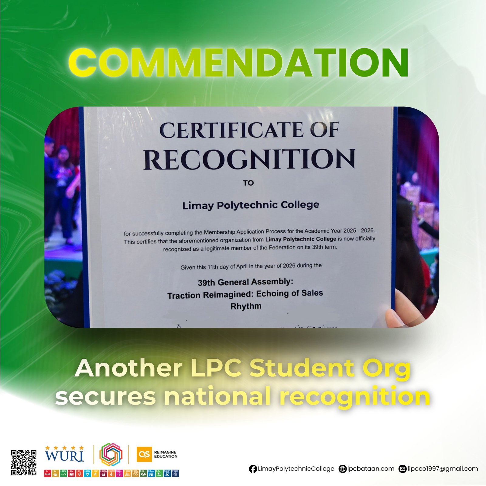 𝗖𝗢𝗠𝗠𝗘𝗡𝗗𝗔𝗧𝗜𝗢𝗡 | Another LPC Student Org secures national recognition