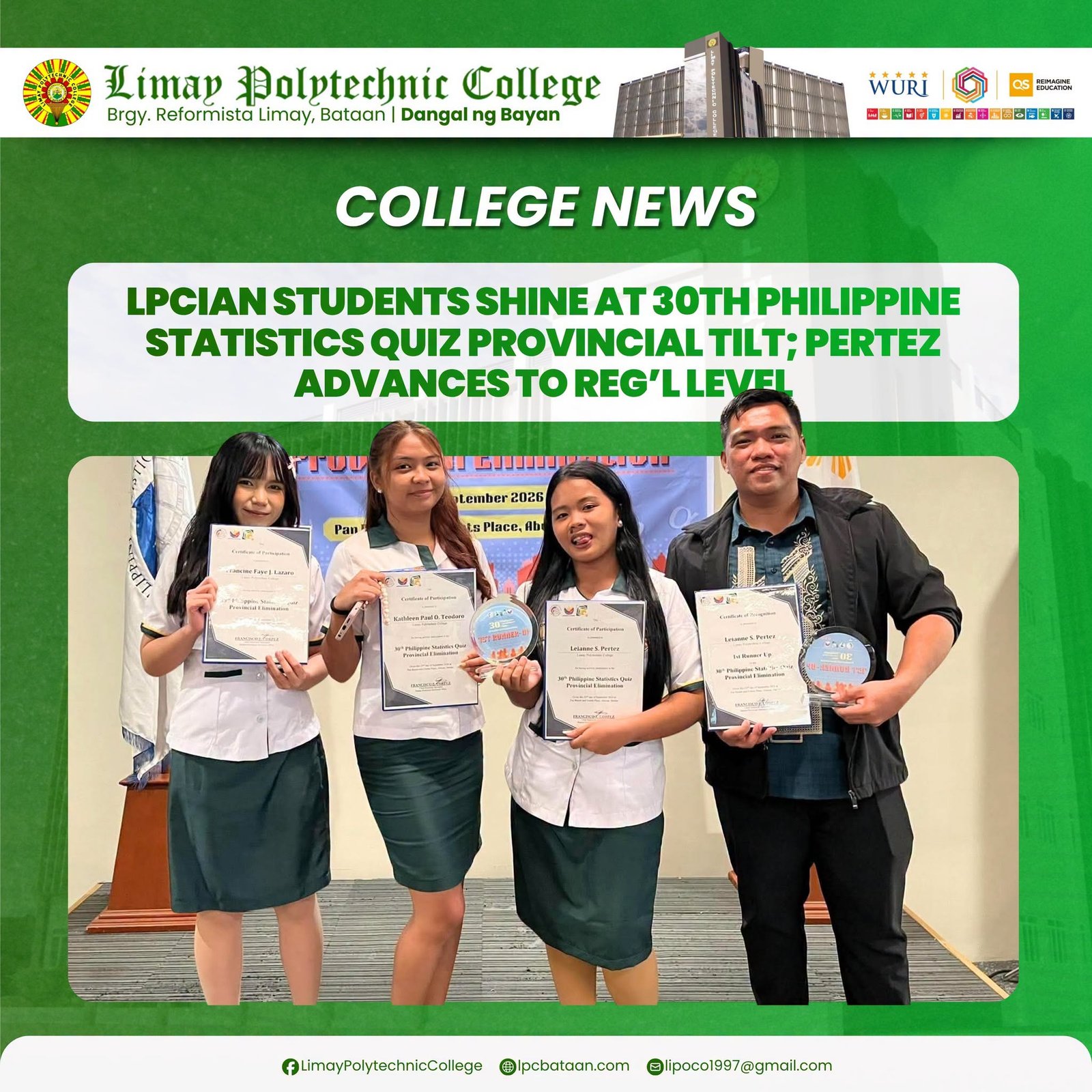 𝗖𝗢𝗟𝗟𝗘𝗚𝗘 𝗡𝗘𝗪𝗦 | LPCian students shine at 30th Philippine Statistics Quiz provincial tilt; Pertez advances to reg’l level