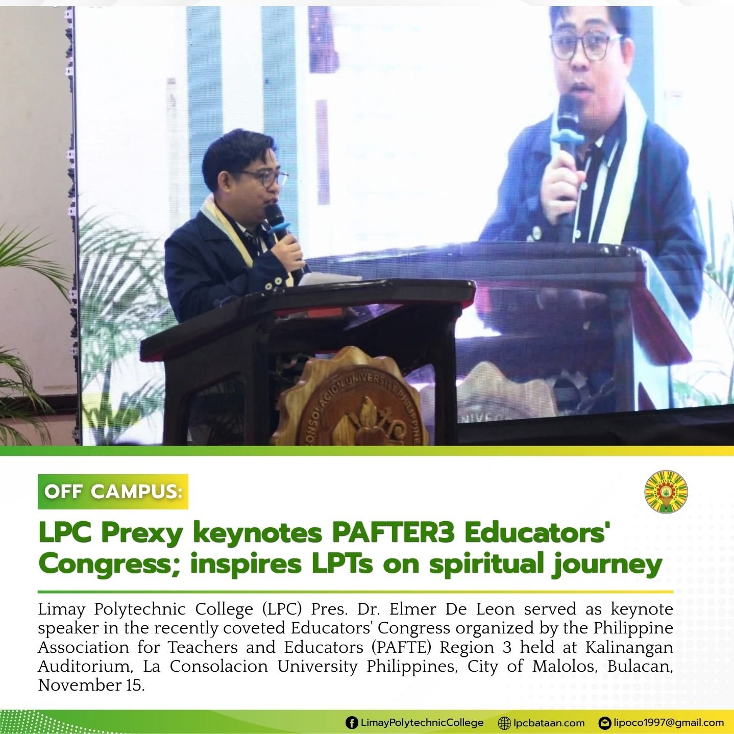 𝗢𝗙𝗙 𝗖𝗔𝗠𝗣𝗨𝗦 | LPC Prexy keynotes PAFTER3 Educators' Congress; inspires LPTs on spiritual journey