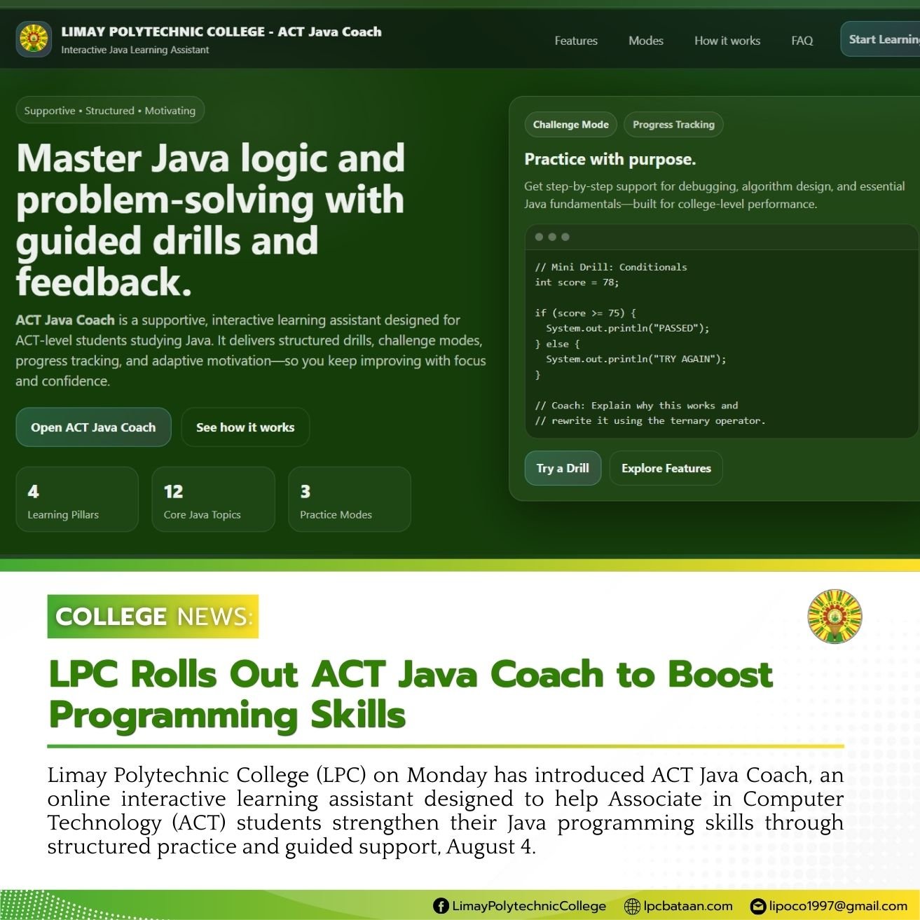 𝗖𝗢𝗟𝗟𝗘𝗚𝗘 𝗡𝗘𝗪𝗦 | LPC Rolls Out ACT Java Coach to Boost Programming Skills