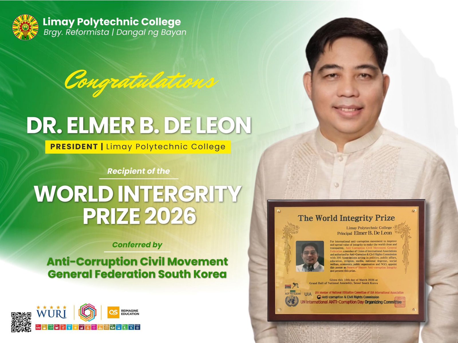 𝗜𝗡𝗧’𝗟 𝗥𝗘𝗖𝗢𝗚𝗡𝗜𝗧𝗜𝗢𝗡 | LPC prexy receives World Integrity Prize Award 2026