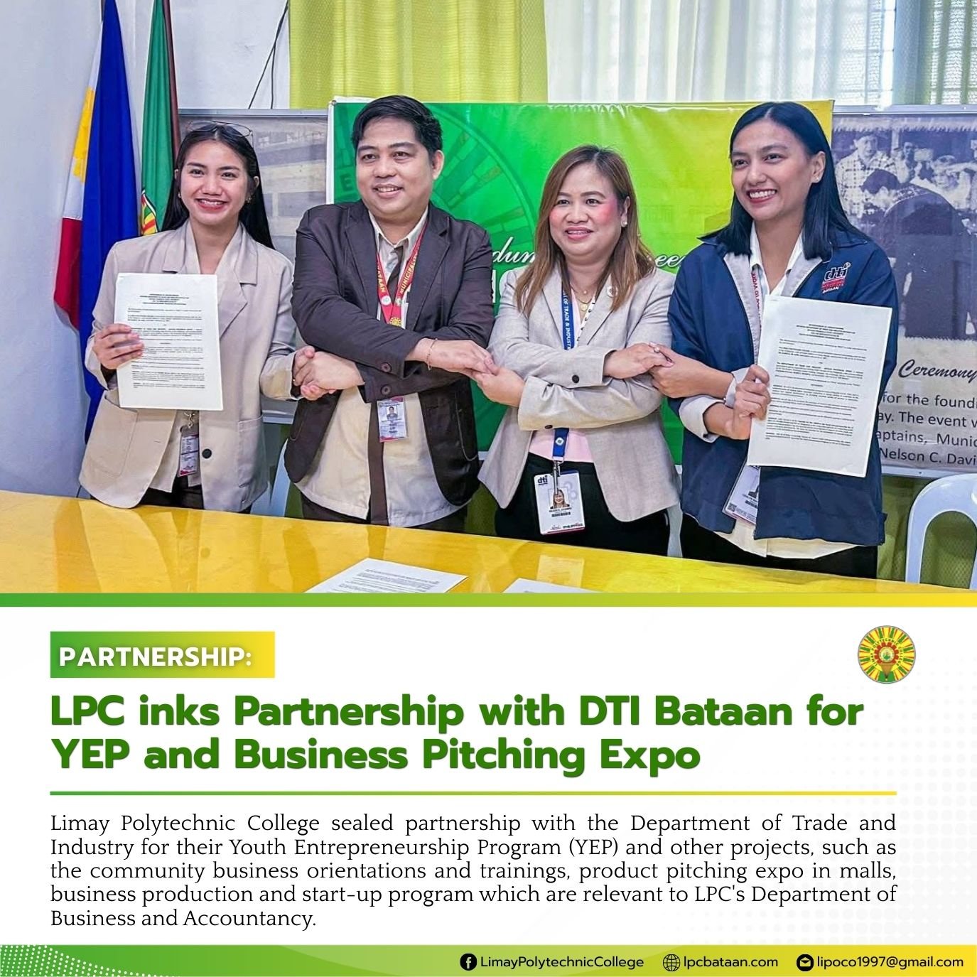 𝗣𝗔𝗥𝗧𝗡𝗘𝗥𝗦𝗛𝗜𝗣 |  LPC inks Partnership with DTI Bataan for YEP and Business Pitching Expo