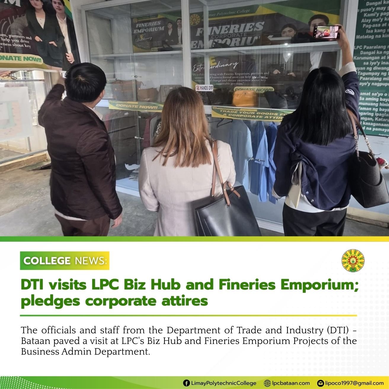 𝗖𝗢𝗟𝗟𝗘𝗚𝗘 𝗡𝗘𝗪𝗦 |  DTI visits LPC Biz Hub and Fineries Emporium; pledges corporate attires