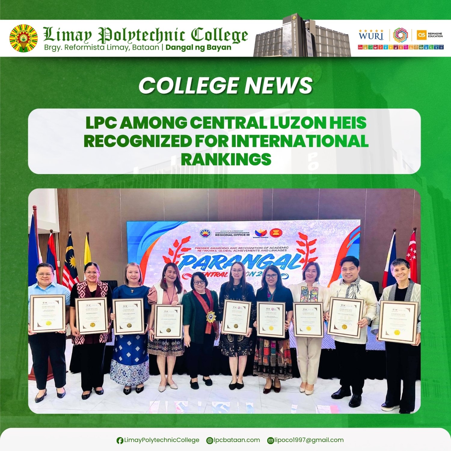 𝗖𝗢𝗟𝗟𝗘𝗚𝗘 𝗡𝗘𝗪𝗦 | LPC among Central Luzon HEIs recognized for international rankings