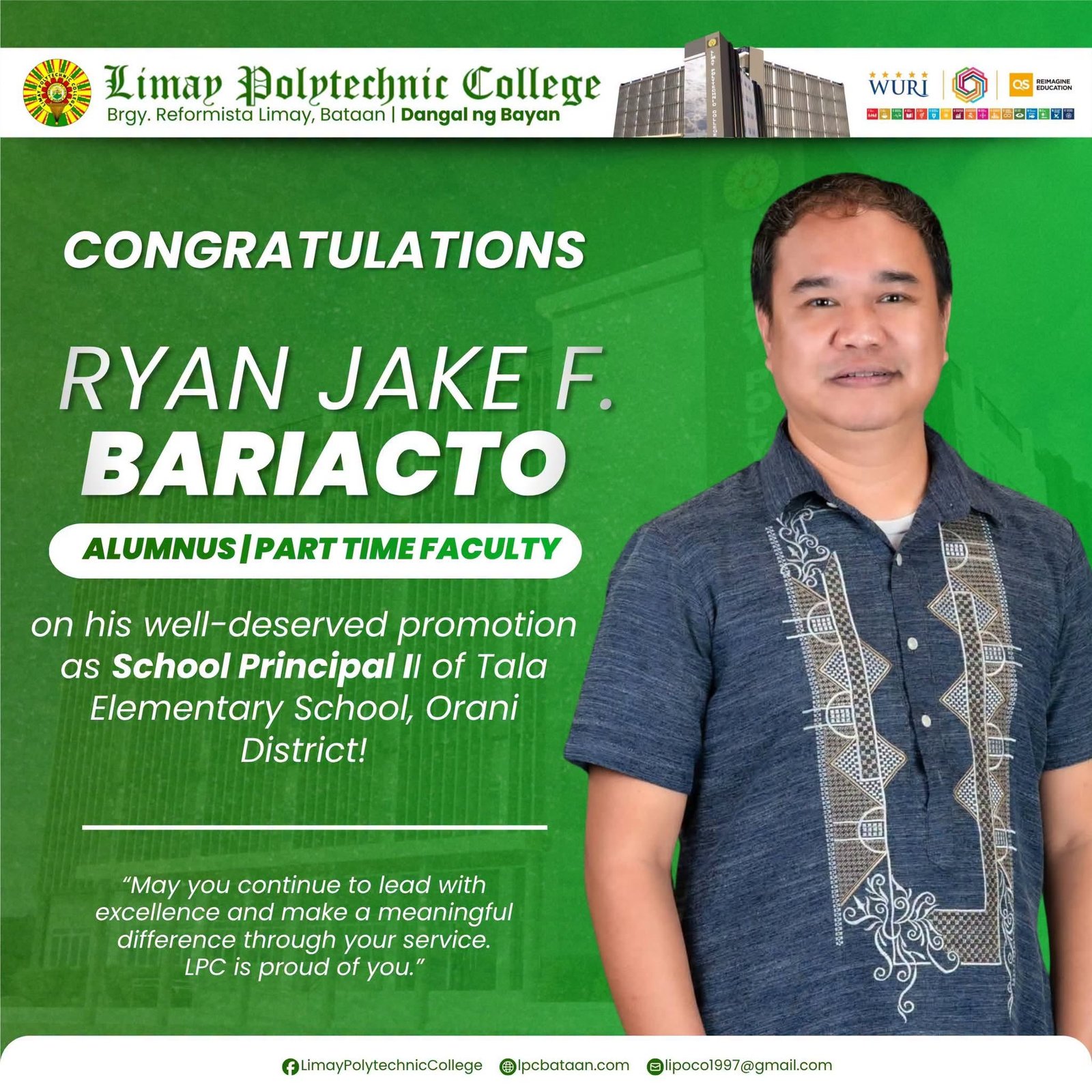 𝗔𝗟𝗨𝗠𝗡𝗜 𝗦𝗣𝗢𝗧𝗟𝗜𝗚𝗛𝗧 | Limay Polytechnic College (LPC) proudly congratulates Mr. Ryan Jake F. Bariacto, alumnus and...