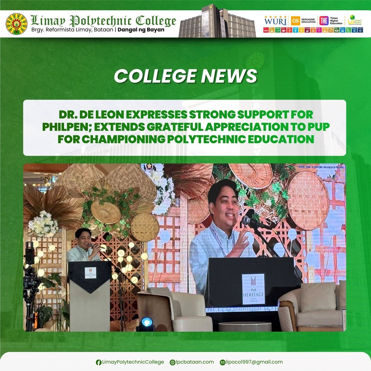 𝗖𝗢𝗟𝗟𝗘𝗚𝗘 𝗡𝗘𝗪𝗦 | Dr. De Leon expresses Strong Support for PhilPEN; extends Grateful Appreciation to PUP for Championing Polytechnic Education