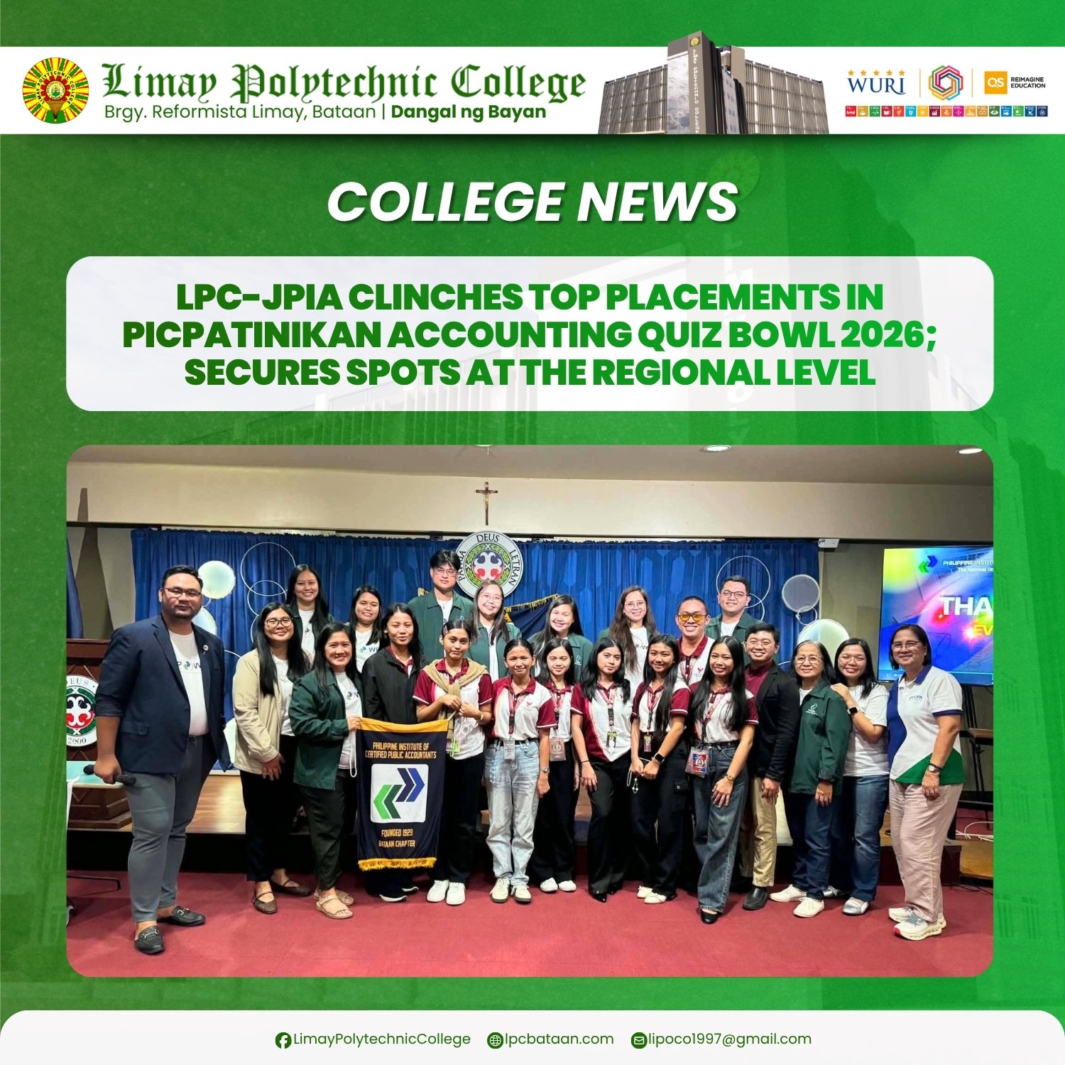 𝗖𝗢𝗟𝗟𝗘𝗚𝗘 𝗡𝗘𝗪𝗦 | LPC-JPIA clinches top placements in PICPAtinikan Accounting Quiz Bowl 2026; secures spots at the regional level