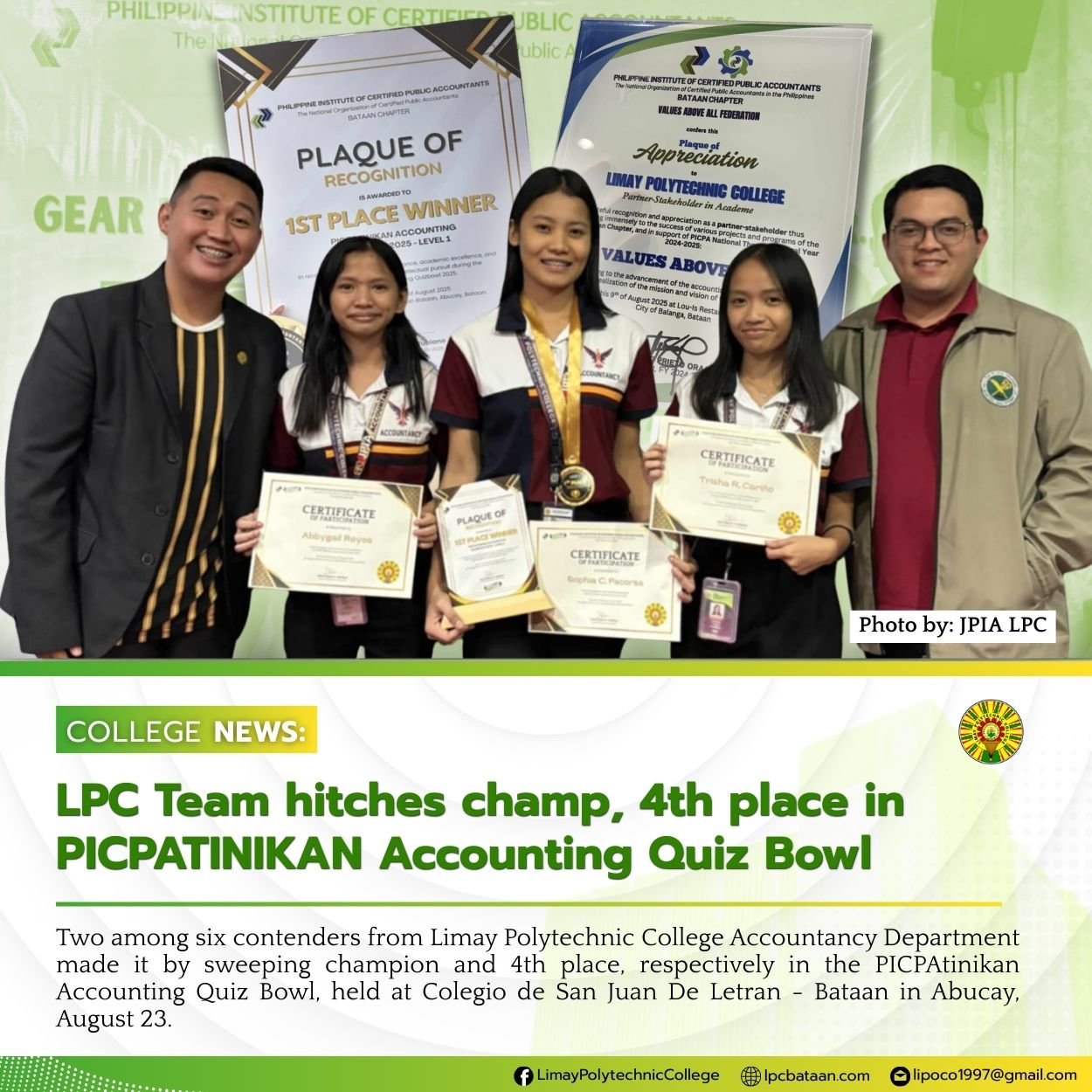 LPC Team hitches champ, 4th place in PICPATINIKAN Accounting Quiz Bowl