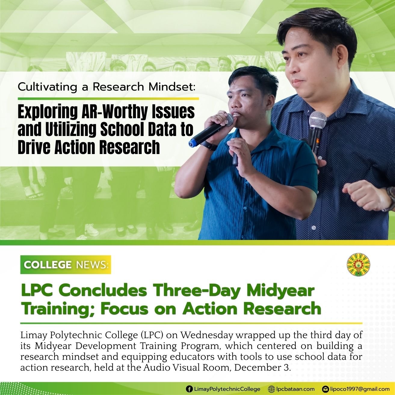 𝗖𝗢𝗟𝗟𝗘𝗚𝗘 𝗡𝗘𝗪𝗦 | LPC Concludes Three-Day Midyear Development Training;  Focuses on Action Research