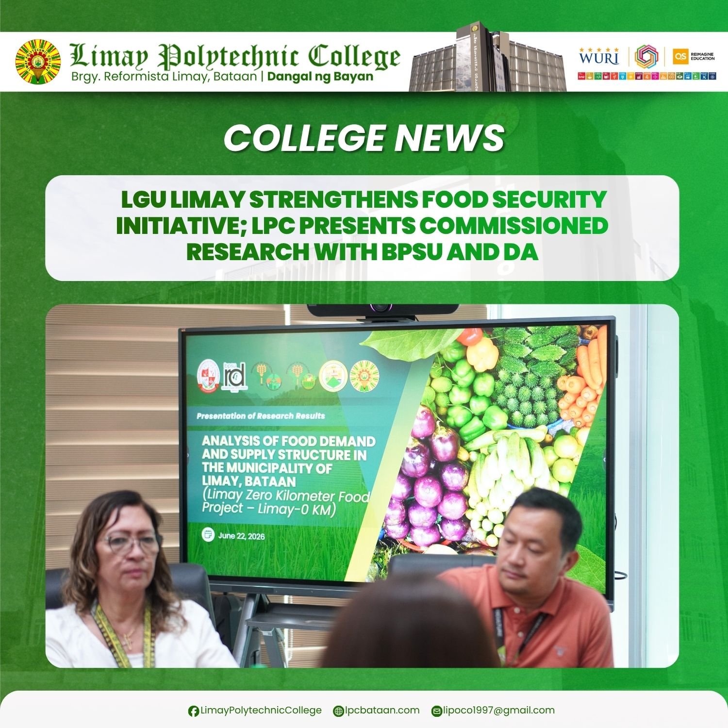 𝗖𝗢𝗟𝗟𝗘𝗚𝗘 𝗡𝗘𝗪𝗦 | LGU Limay strengthens Food Security Initiative; LPC presents Commissioned Research with BPSU and DA