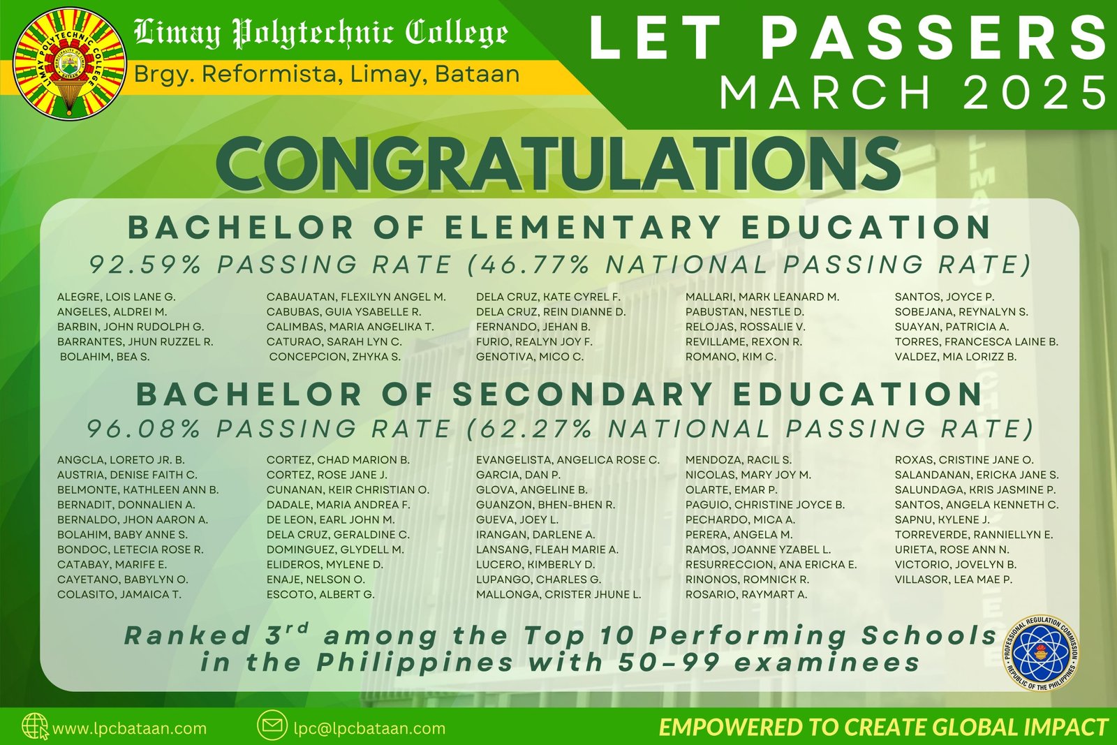LPC heralds March 2025 LEPT Passers, Top 3 Performing School