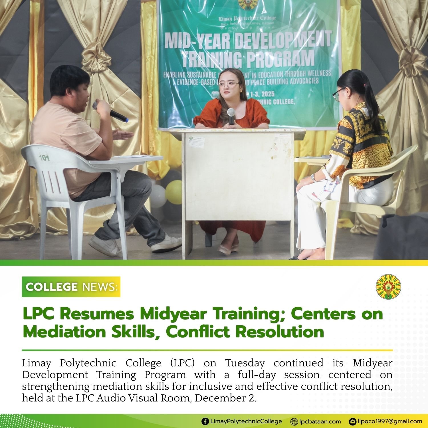 𝗖𝗢𝗟𝗟𝗘𝗚𝗘 𝗡𝗘𝗪𝗦 | LPC Resumes Midyear Training; Centers on Mediation Skills and Conflict Resolution