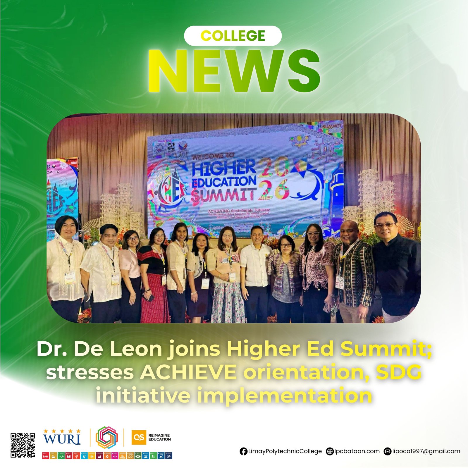 𝗖𝗢𝗟𝗟𝗘𝗚𝗘 𝗡𝗘𝗪𝗦 | Dr. De Leon joins Higher Ed Summit; stresses ACHIEVE orientation, SDG initiative implementation