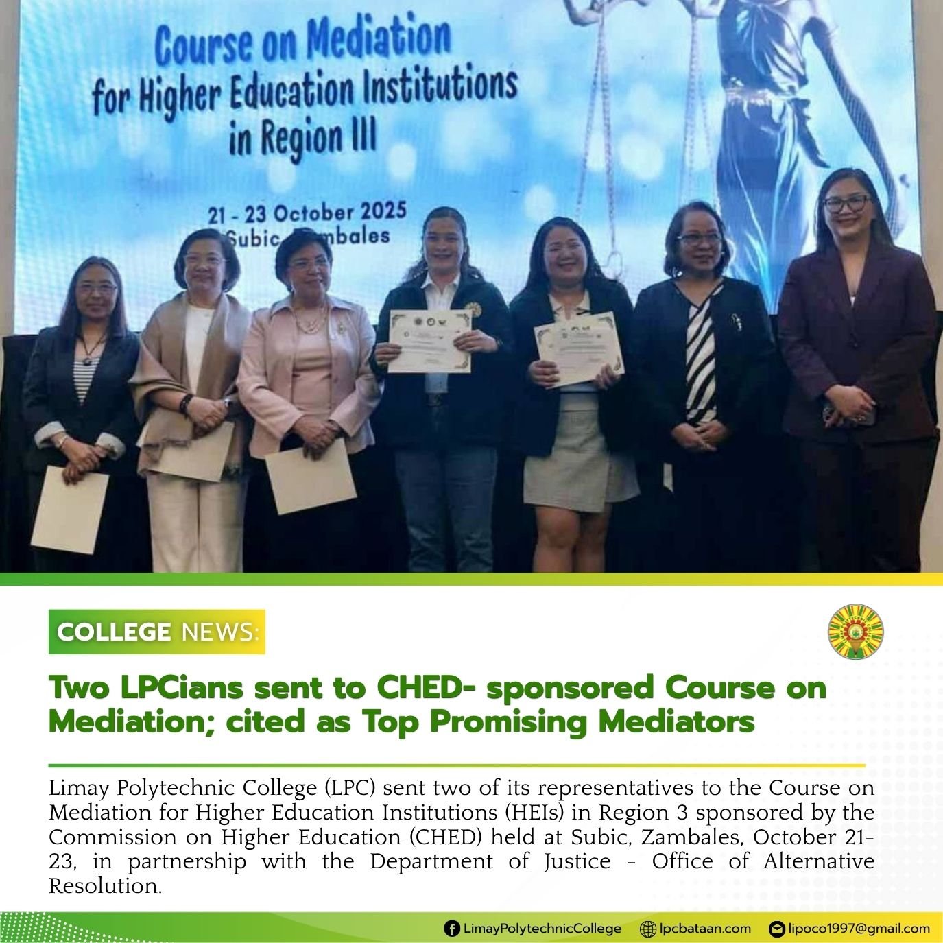 𝗖𝗢𝗟𝗟𝗘𝗚𝗘 𝗡𝗘𝗪𝗦 | Two LPCians sent to CHED- sponsored Course on Mediation; cited as Top Promising Mediators